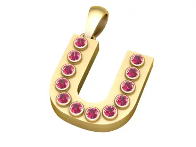 U Initial Gold Pendant   Ruby Stone 3D PRINTABLE MODEL  3D print model