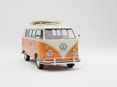 Classic Orange and White Volkswagen Bus with Surfboard Low-poly 3D model