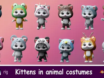 Cartoon kittens in animal costumes Low-poly 3D model