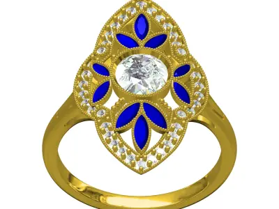 Blue Sapphire Marquise and Round Diamond Art Deco Ring 3D print model