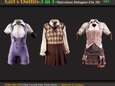 3 in 1 Girls Outfits- MD-Clo3d -OBJ - FBX -Materials-OFF 3D model