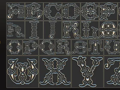 104 Ornamental alphabet 3D Model alpha and brush vol 17 Low-poly 3D model