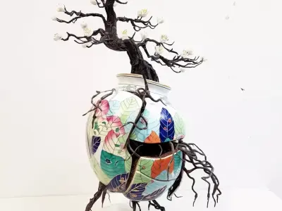 Cracked Porcelain Vase Blossoming Tree Surreal Art Sculpture Low-poly 3D model