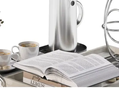 Coffee set 12 - tray pot cup books figurine flower 3D model