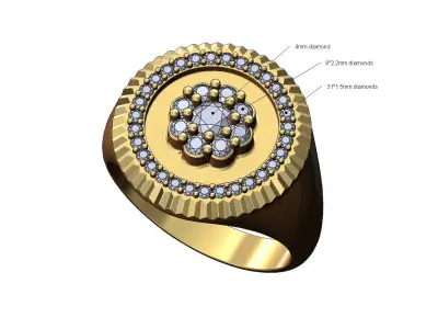 Fluted round cluster diamond signet ring US sizes 8to11 3D print model