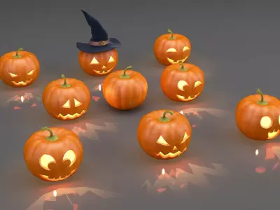 Halloween Jack O Lantern Collection with Witch Hat Decor 3D model