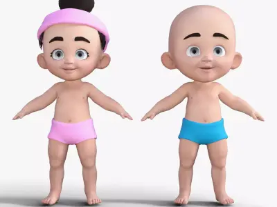 Cute Baby Boy and Girl 3D Cartoon Model Low-poly 3D model