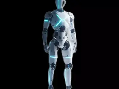 humanoid robot metallic body with blue glowing strips Free low-poly 3D model