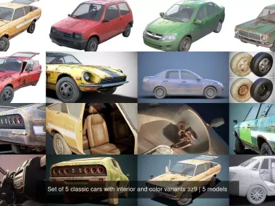Set of 5 classic cars with interior and color variants az9 3D Model Pack