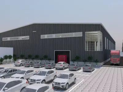 INDUSTRIAL BUILDING WITH LANDSCAPE AND COLUMNS AND BEAMS DETAILS 3D model