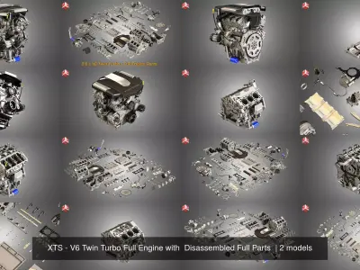 XTS - V6 Twin Turbo Full Engine with  Disassembled Full Parts  3D Model Collection