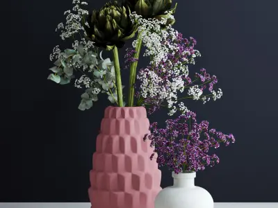 Bouquets in pink and white vases 3D model