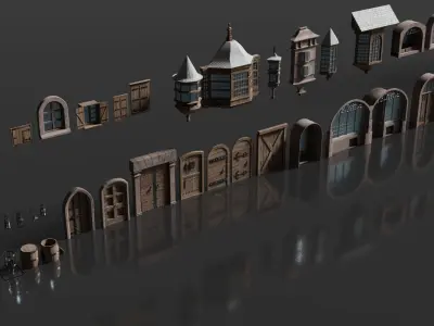 Medieval Door and Windows  Low-poly 3D model