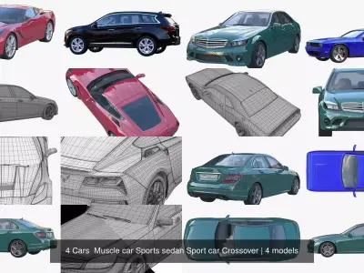 4 Cars  Muscle car Sports sedan Sport car Crossover 3D Model Pack