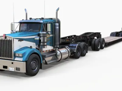 Kenworth W900L lowboy semitruck Low-poly 3D model
