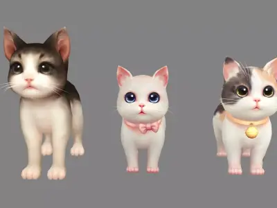 Cartoon three fat cats - pink female cat Low-poly 3D model