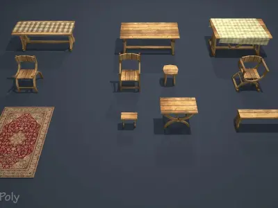 Medieval Furnitures Low-poly 3D model