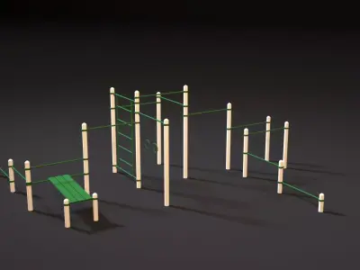 Workout 5 wooden playground set with poles 3D model