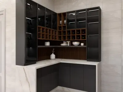 Contemporary Kitchen with corner bar 3D Model scene Low-poly 3D model