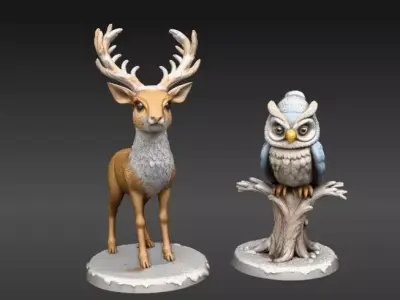 Deer Owl 3D Printable Figurines Winter Animal 3D Printable Low-poly 3D model