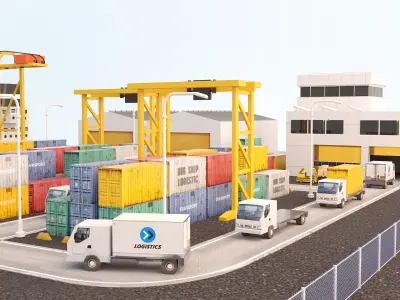 Realistic isometric cargo port scene Free low-poly 3D model