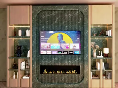 Luxury TV Wall - Green Marble and Curved Wood Media Console 3D model