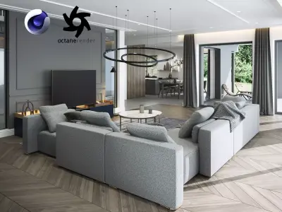 Living Room and Kitchen Scene for Cinema 4D and Octane Render 3D model