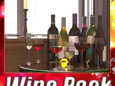6 Wine Bottles and 6 Wine Glasses 3D model