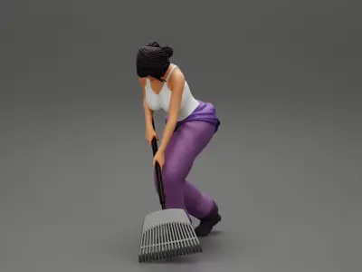 Woman farmer working field with a rake 3D print model