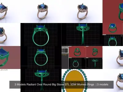3 Models Radiant Oval Round Big Stone STL 3DM Women Rings  3D Model Pack