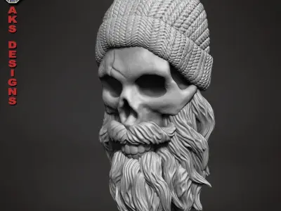 Bearded skull with cap 1 bas Relief 3D print model