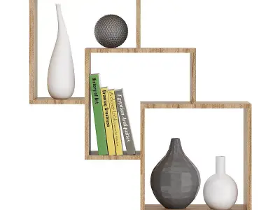 Wooden Wall Shelf with Books and Vases 3D model