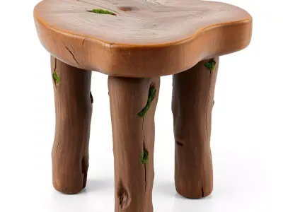 Rustic Natural Wood Moss Stool Low-poly 3D model