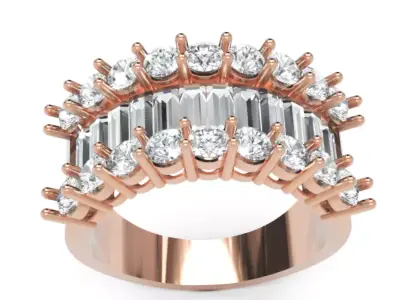 Luxury Wide Diamond Ring 3D Model Baguette and Round Cut Stones 3D print model