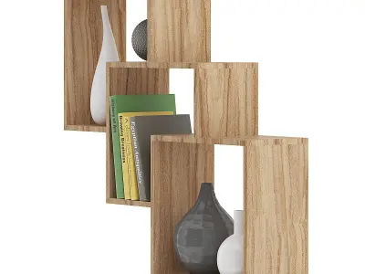 Wooden Wall Shelf with Books and Vases 3D model