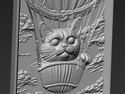 Kitten riding a hot air balloon A42 3D print model
