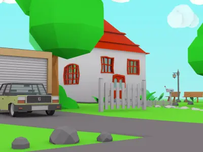 Cartoon house toy car Free low-poly 3D model