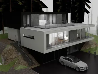 A modern mountain villa  Low-poly 3D model