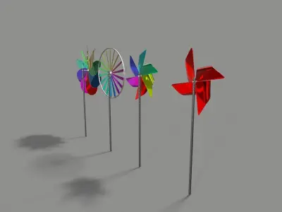 Pinwheel three colorful pinwheels on wooden stick Low-poly 3D model