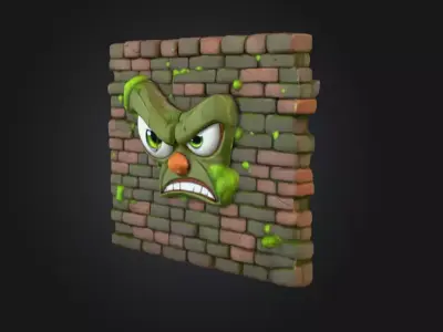Grumpy Brick Guardian Wall Low-poly 3D model