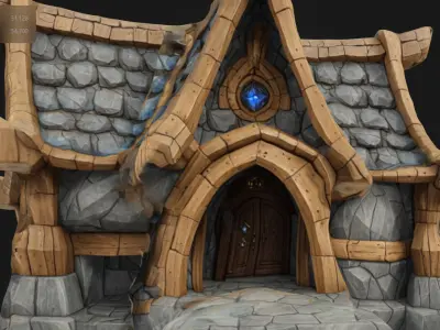 Stylized Fantasy House Medieval Wooden and Stone Building Low-poly 3D model
