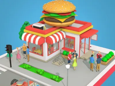 Cartoon Burger Cafe on Phone screen Low-poly 3D model