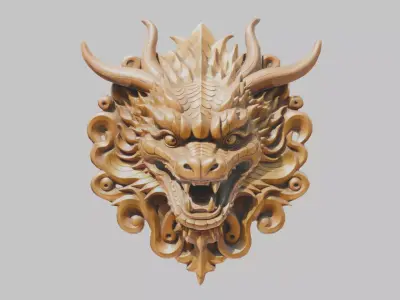 carved wooden dragon head bust Low-poly 3D model