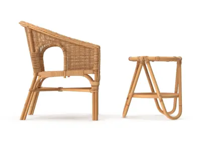 Bamboo Set rattan chair and stool Low-poly 3D model