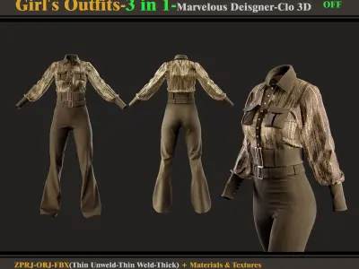 3 in 1 Girls Outfits- MD-Clo3d -OBJ - FBX -Materials-Textures  3D model