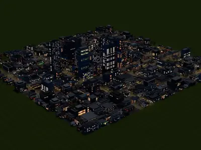 City Downtown Skyscraper Street Mountain Landscape 17 - NIGHT Low-poly 3D model