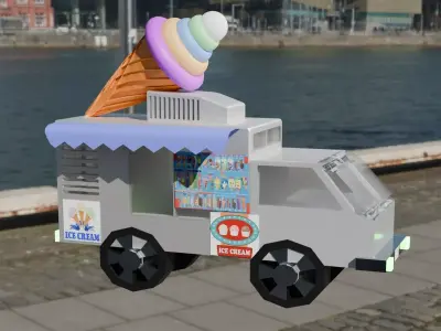  Low poly lovely 3D cartoon ice cream truck  Low-poly 3D model