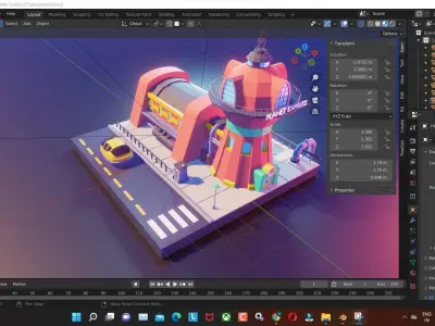 futurama low poly tower and future  car render in blender Low-poly 3D model