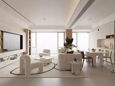 Modern Creamy Minimalist Living and Dining Room 016 3D model