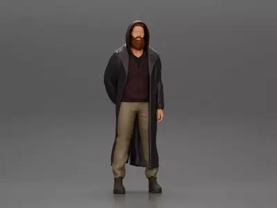 bearded man stands in a stylish hoodie and a flowing long coat 3D print model